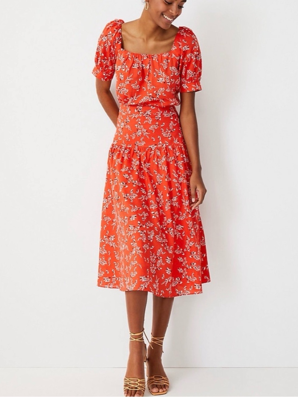Ann Taylor Orange Red Floral Midi Skirt 6